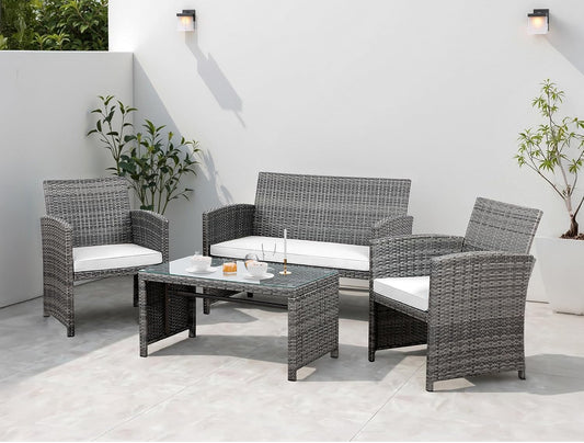 Grey patio 4 pc set bench 2 chairs and table Free shipping in the US