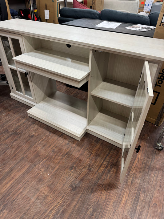 Tv stand new fully assembled grey wash with glass doors. Console with doors.