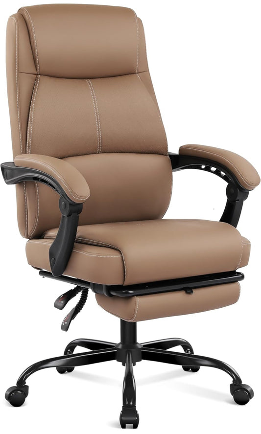 Executive brown desk chair, new inbox, ready to ship with leg extension. Free shipping in the US