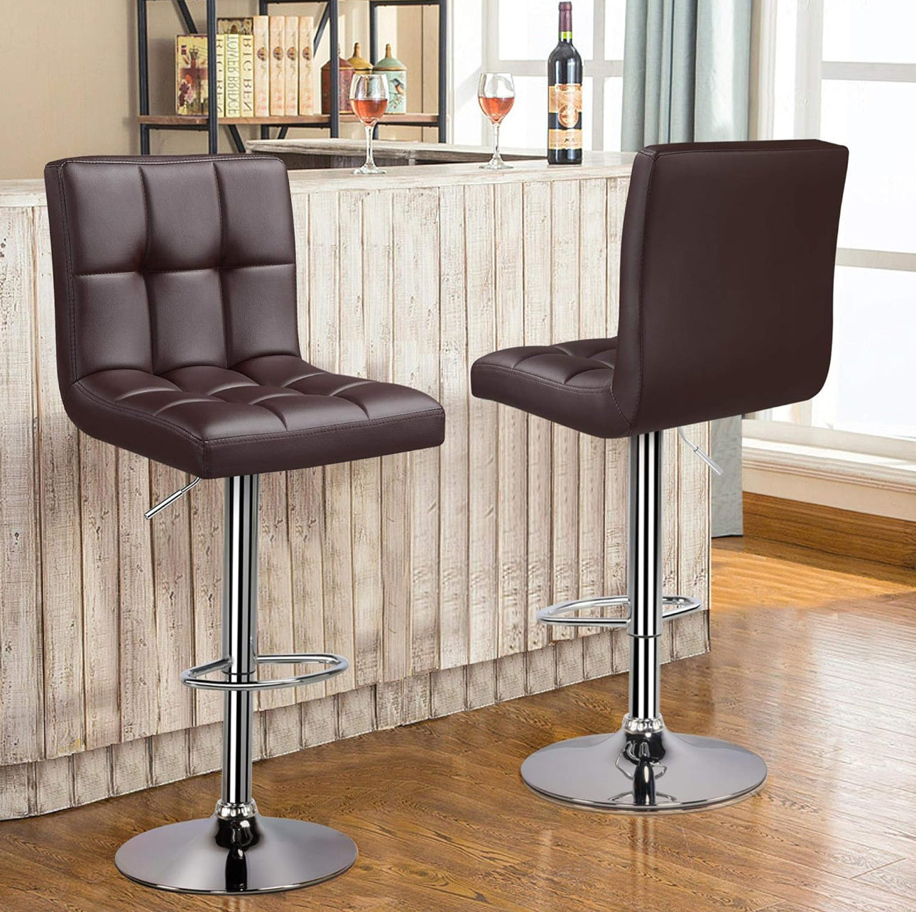 Bar stools set of 2 in box dark brown seat silver bottom. Adjustable height.