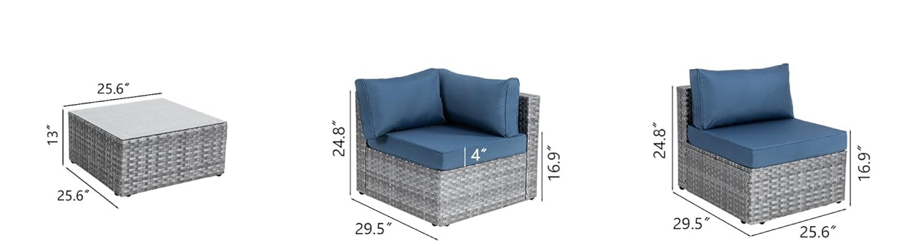 Sectional patio furniture 6 pc gray silver frame & navy cushions. Fully assembled pickup only