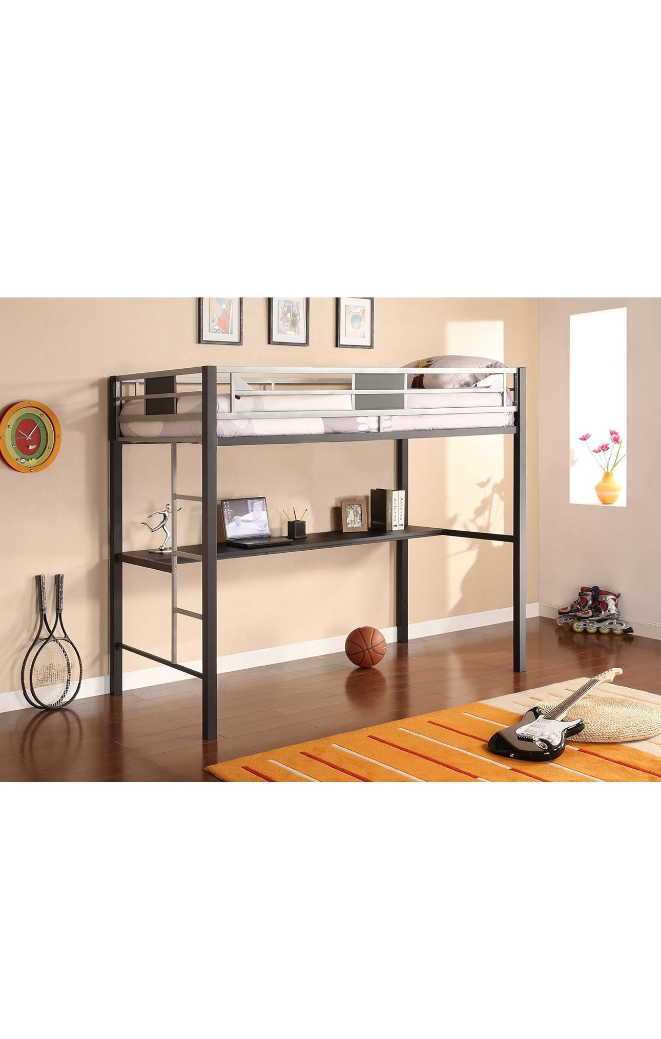 Twin loft bed with desk black and silver in box