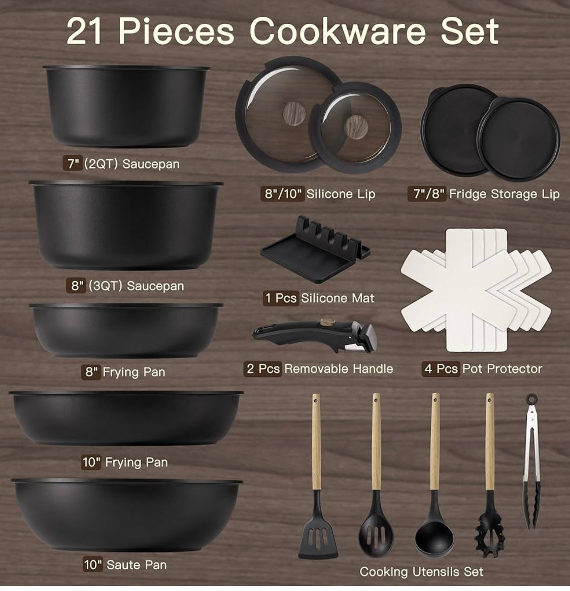 21 pc cookware set nonstick free shipping in the US black