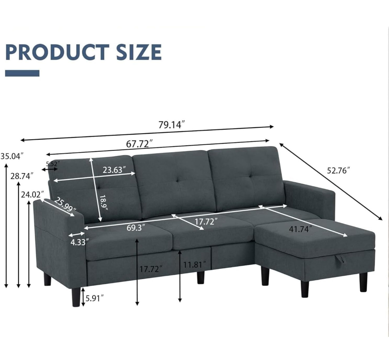 Grey sofa with storage ottoman new fully assembled