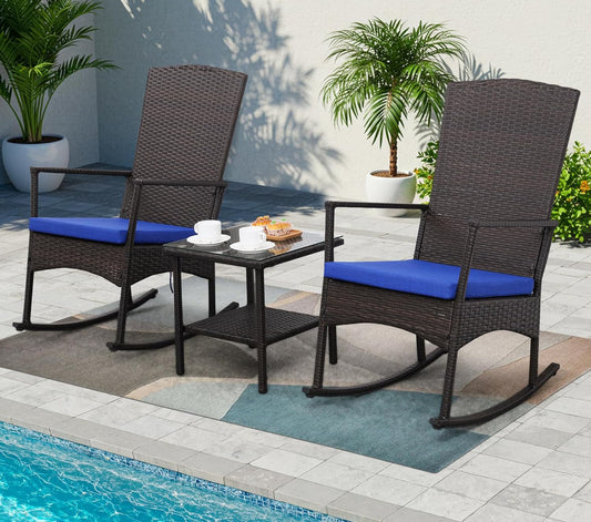 Patio rocking chairs wicker style with blue cushions new free shipping in the US