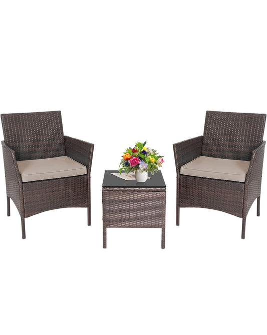 Patio furniture 2 chairs and table set brown wicker and beige cushions