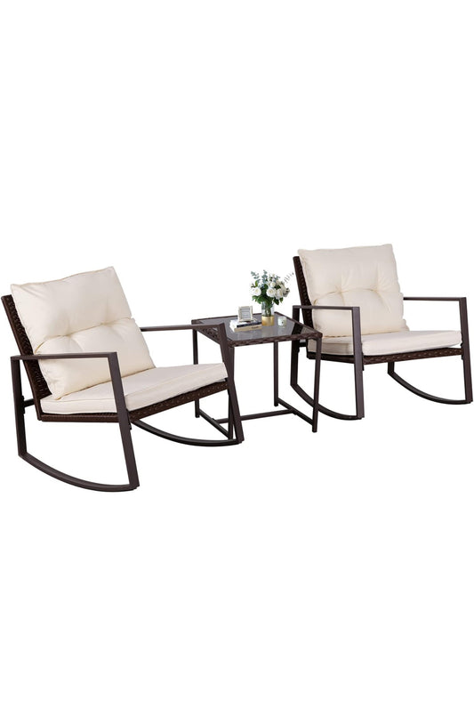 Rocking chairs and table set outdoor seating with cushions